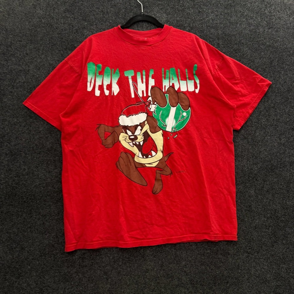 Vintage 90s Looney Tunes Tasmanian Devil Christmas T-Shirt Red Taz XL Deck Halls